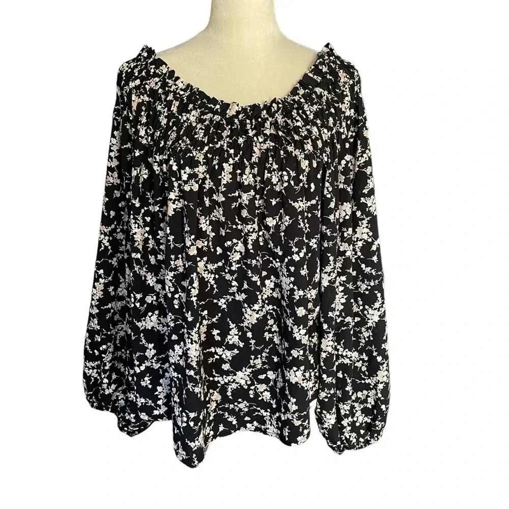 Ces Femme Floral Balloon‎ Sleeves Smocked Neckline Top Women Blouse Size XL
